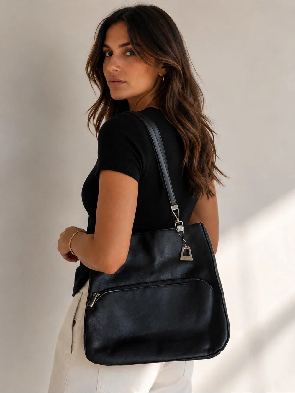 Laura Scott Vintage Black Genuine Leather Shoulder Bag Tote